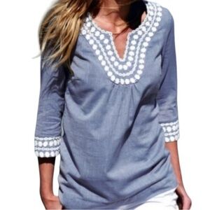 Boden Embroidered Chambray Tunic Top Hamptons Blue Popover Cotton White